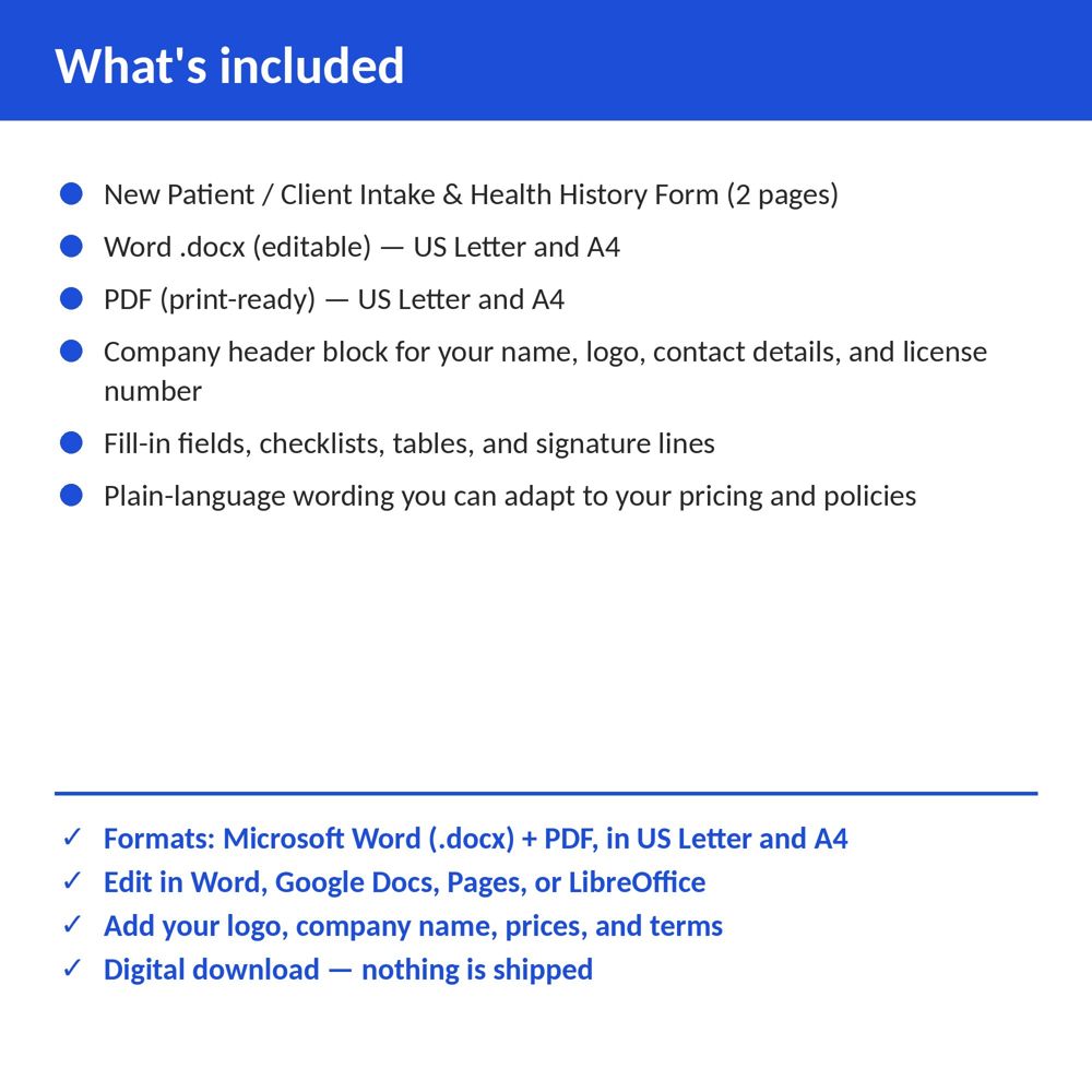 Physical Therapy Clinic New Patient / Client Intake & Health History Form — what is included