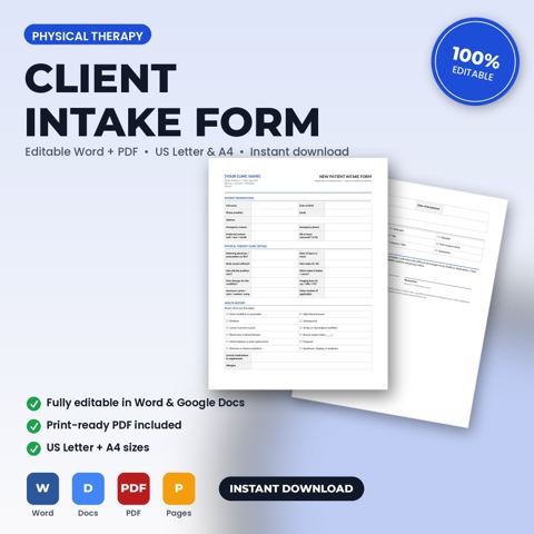 Physical Therapy Clinic New Patient / Client Intake & Health History Form — Physical Therapy Clinic template cover