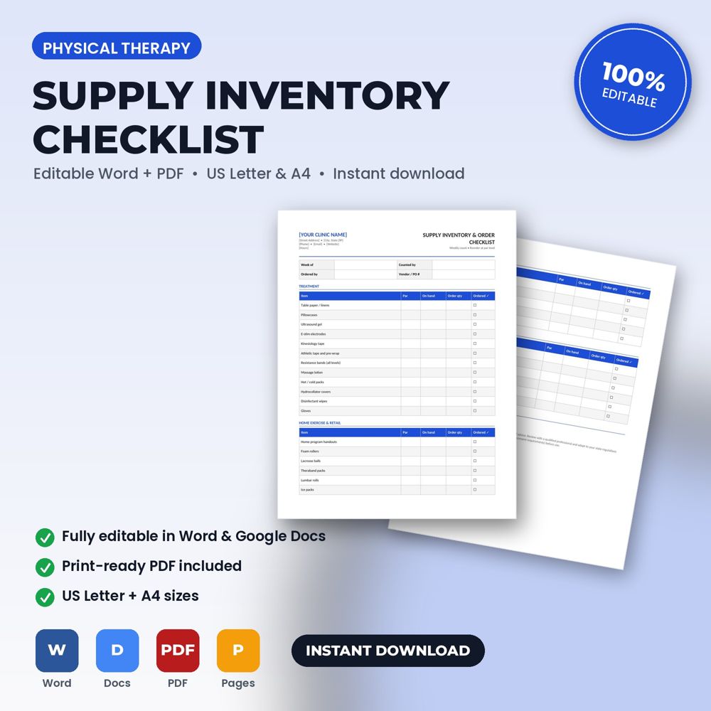 Physical Therapy Clinic Supply Inventory & Order Checklist — cover preview