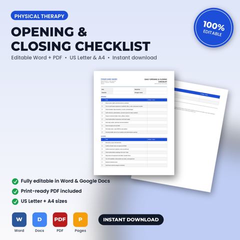 Physical Therapy Clinic Daily Opening & Closing Checklist — Physical Therapy Clinic template cover