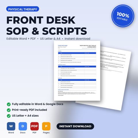 Physical Therapy Clinic Front Desk SOP, Daily Task List & Phone Scripts — Physical Therapy Clinic template cover