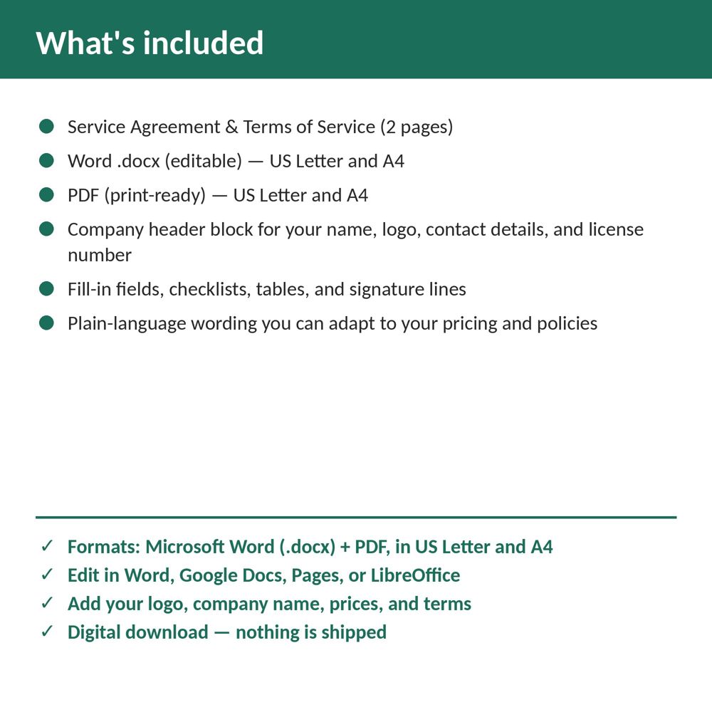 Plumbing Service Agreement & Terms of Service — what is included