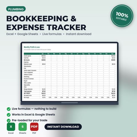 Plumbing Bookkeeping, Expense & Mileage Tracker Spreadsheet — Plumbing template cover