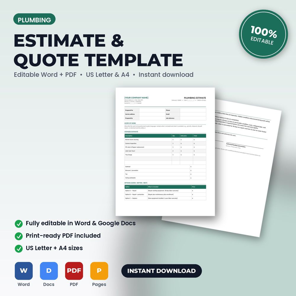 Plumbing Service Estimate / Quote Template — cover preview