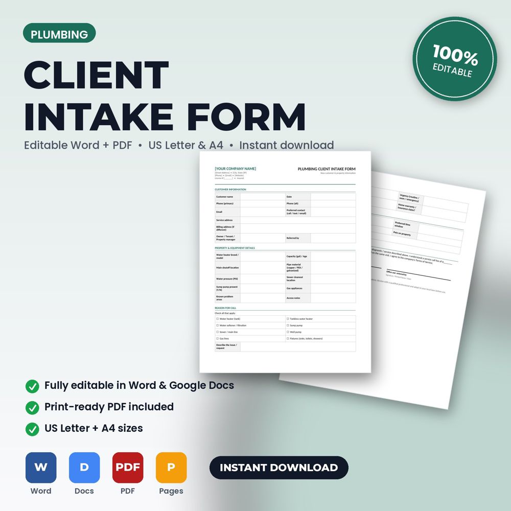 Plumbing Client Intake & Property Information Form — cover preview