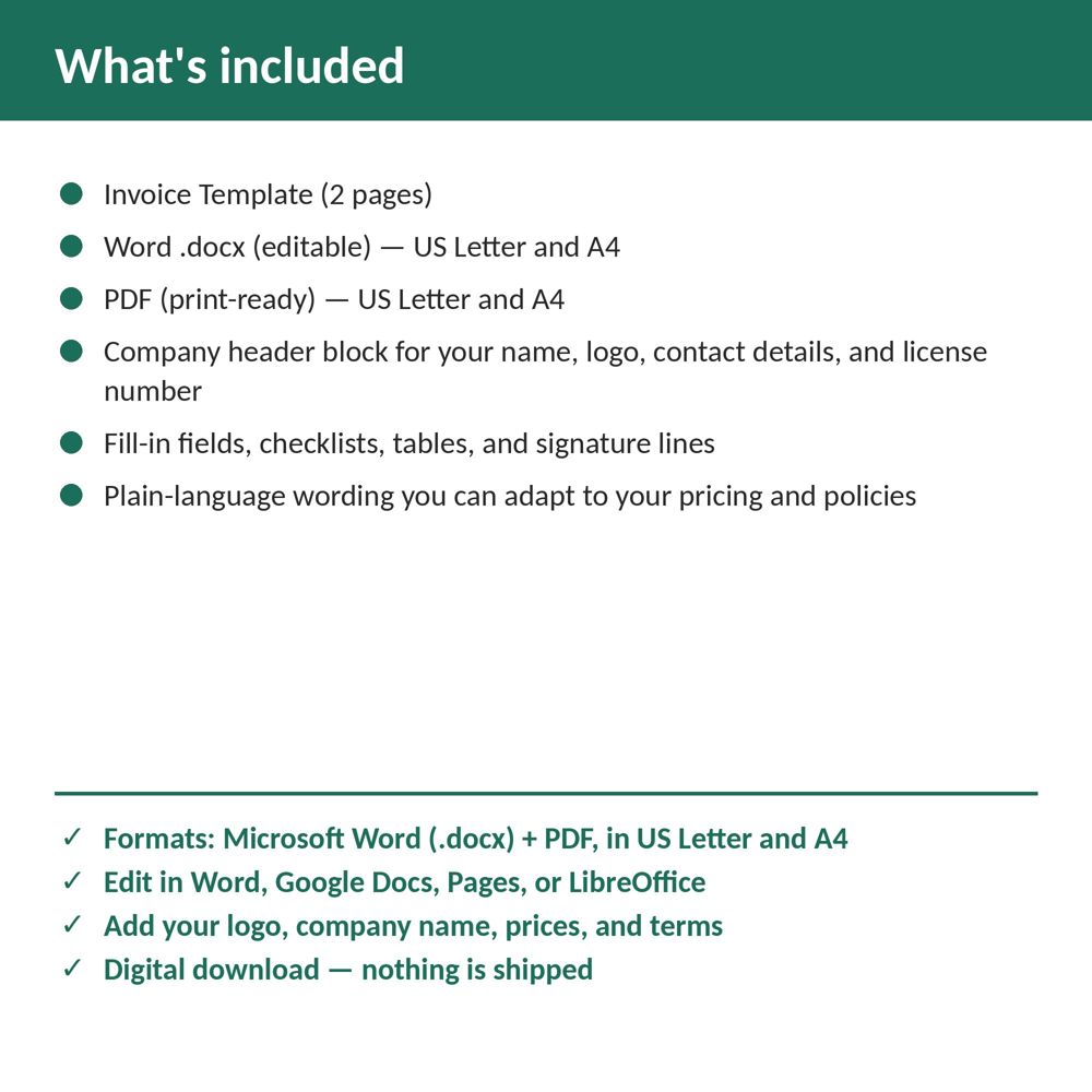 Plumbing Invoice Template — what is included