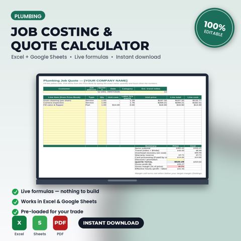 Plumbing Job Costing & Quote Calculator Spreadsheet — Plumbing template cover