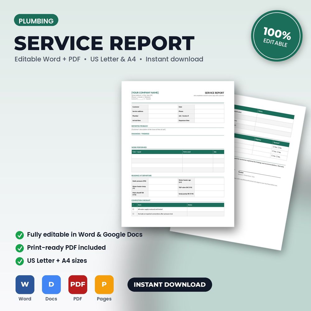 Plumbing Job Completion Service Report — cover preview