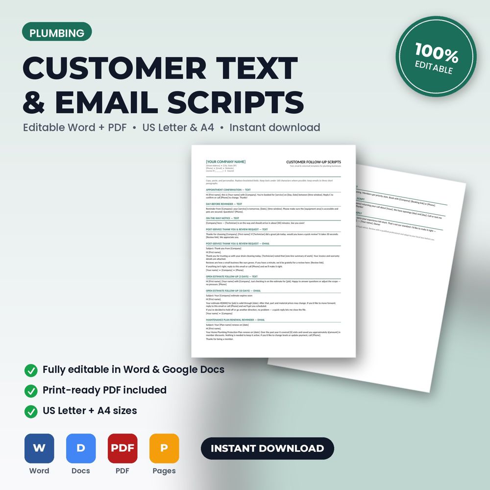 Plumbing Customer Follow-Up, Reminder & Review Request Scripts — cover preview