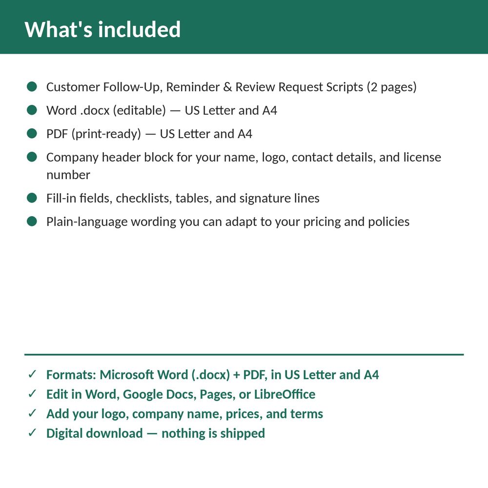 Plumbing Customer Follow-Up, Reminder & Review Request Scripts — what is included