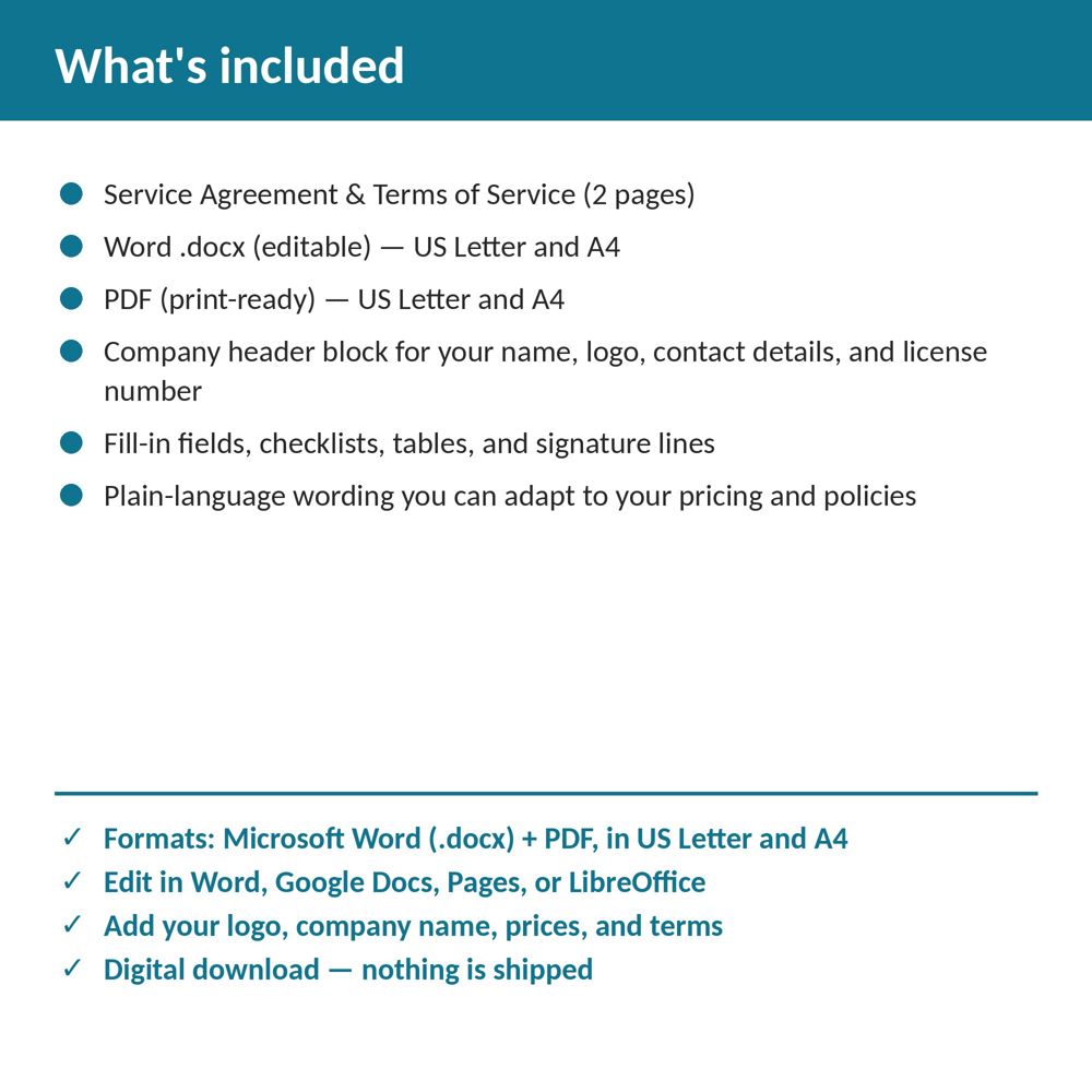 Pool Service Agreement & Terms of Service — what is included