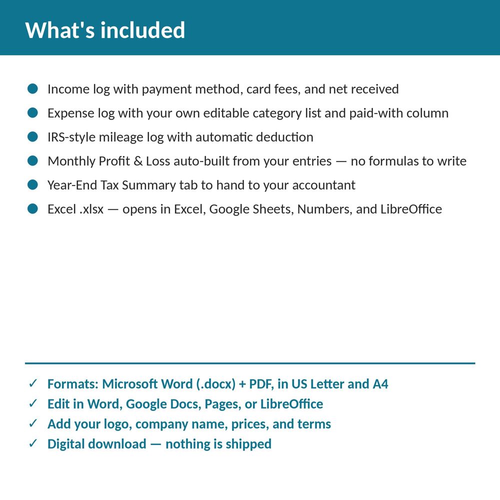 Pool Service Bookkeeping, Expense & Mileage Tracker Spreadsheet — what is included