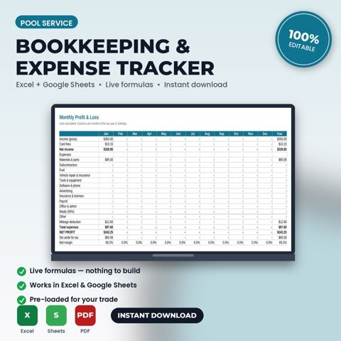 Pool Service Bookkeeping, Expense & Mileage Tracker Spreadsheet — Pool Service template cover