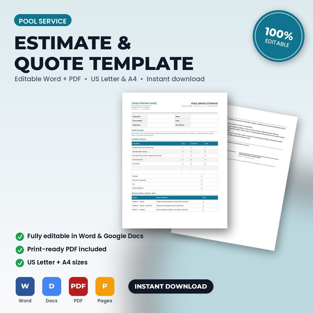 Pool Service Estimate / Quote Template — cover preview