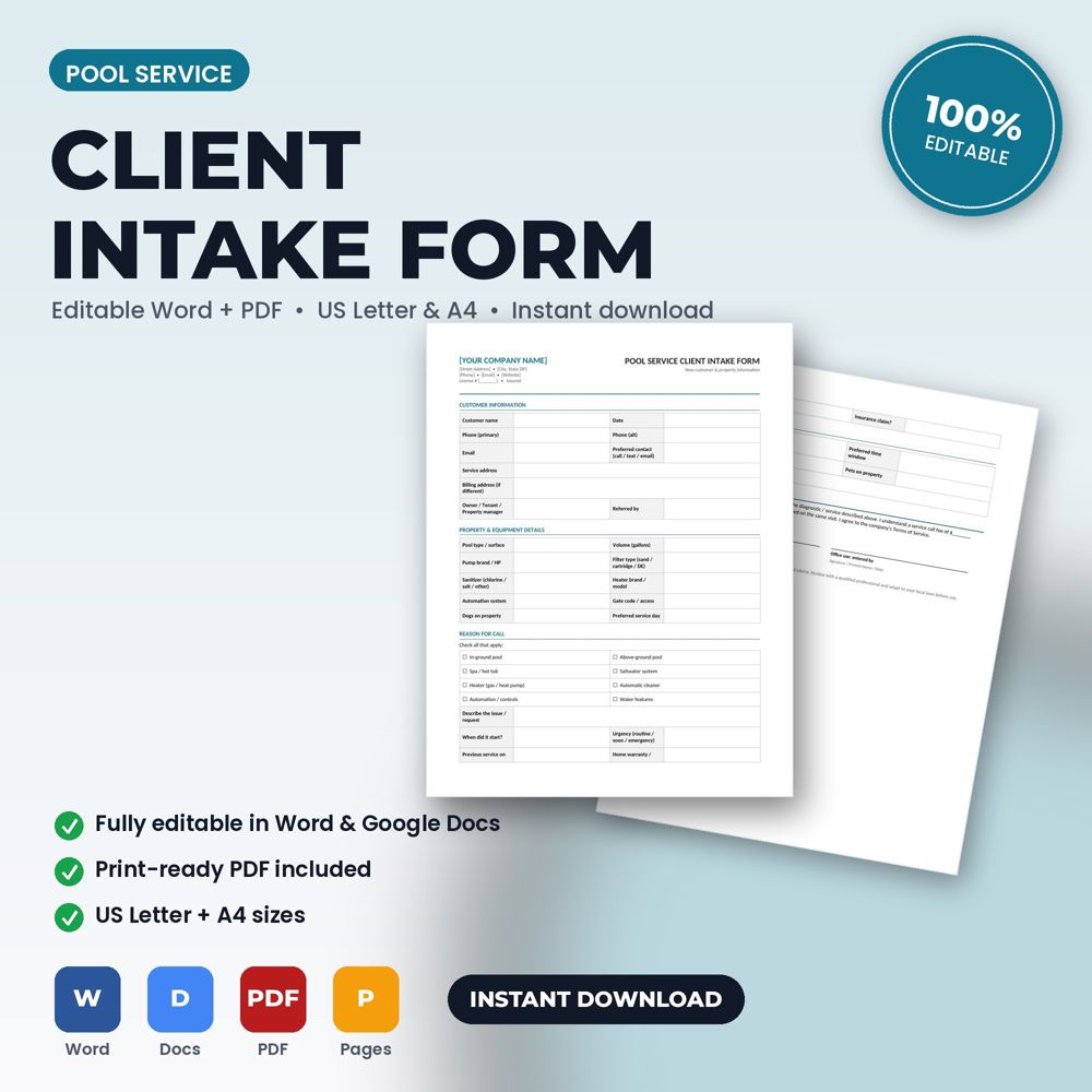 Pool Service Client Intake & Property Information Form — cover preview