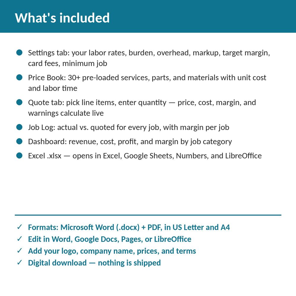 Pool Service Job Costing & Quote Calculator Spreadsheet — what is included