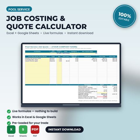 Pool Service Job Costing & Quote Calculator Spreadsheet — Pool Service template cover