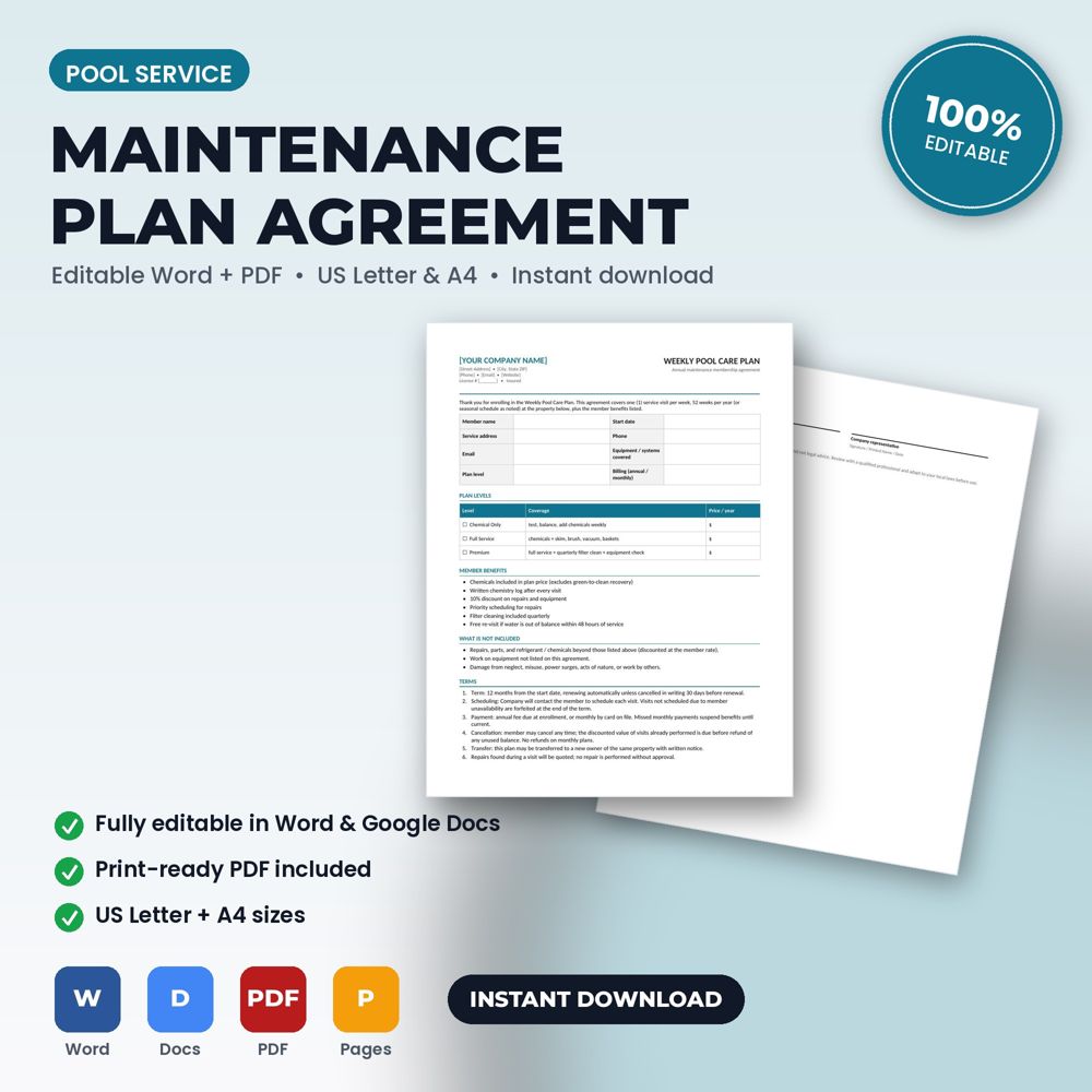 Pool Service Maintenance Plan Membership Agreement — cover preview