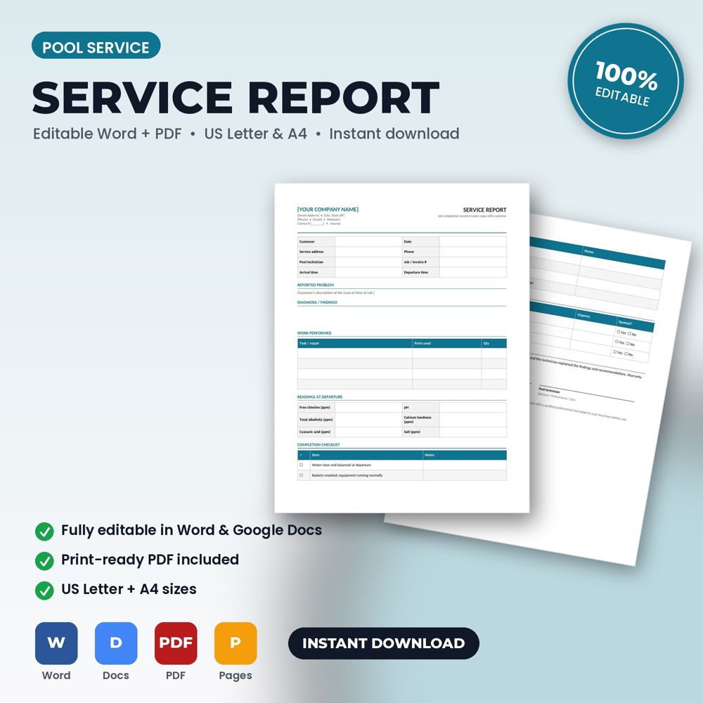 Pool Service Job Completion Service Report — cover preview