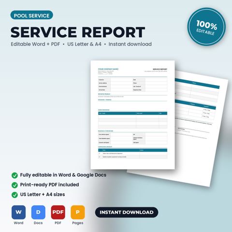 Pool Service Job Completion Service Report — Pool Service template cover